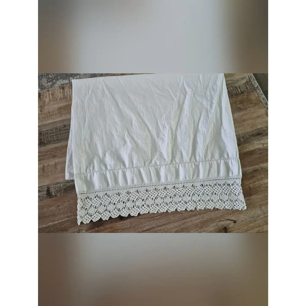 Vintage Handmade White Lace-Trim Cotton Pillowcase 35x21.5 Standard/Queen